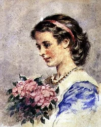 Ung pige med en bundt lyserøde blomster (akvarel over blyant på papir)