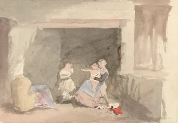 Interiør med mor og to børn
