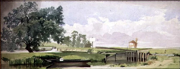 A Riverside Scene with a Lock, ca. 1860 (akvarel og blyant på papir)