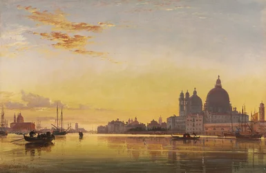 Solnedgang over Venedigs lagune, kirken på Isola di San Giorgio in Alga i det fjerne