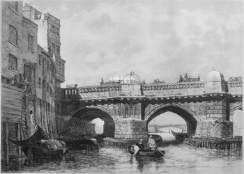 The Southwark End of Old London Bridge, 1831, 1912. Kunstnere: Ukendt, Edward William Cooke.