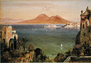 Vesuv og Castel del Oro, Napoli, set fra Villa Cedrino, Posillipo (olie på papir lagt om bord)