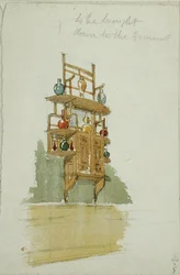 Design til et abeskab, ca. 1876 (akvarel og blyant på papir)