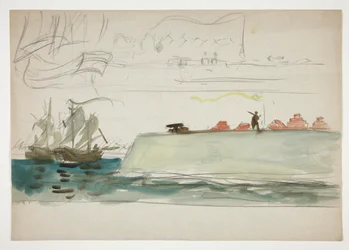 Både på havet: slagskibs forgrund, sejlbåd i afstand - (uidentificeret illustration)