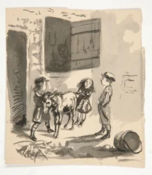 Børn med æsel (recto); Uidentificeret illustration af en orgelkværn (verso)