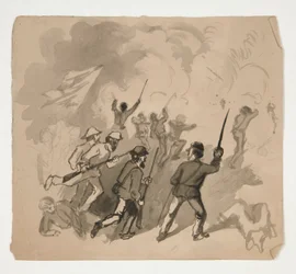 Borgerkrigskampscene (recto); Uidentificeret illustration af mand i en skov (verso)