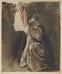 Figurstudie af en nonne, til Galahads barndom, i The Quest and Achievement of the Holy Grail, Book Delivery Room, Boston Public Library