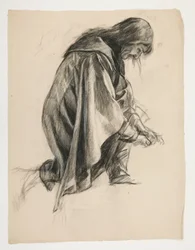 Figurstudie for Sir Lancelot og Sir Bors outfit Galahad med hans sporer (?), fra The Quest of the Holy Grail (det andet af en serie på femten malerier til Boston Public Library, færdiggjort i 1901)
