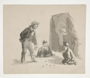 Fire drenge spiller kugler (recto); Uidentificeret illustration af dreng ved staffeli i interiøret (verso)