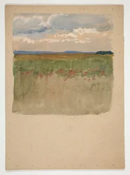 Landskab med felt, horisont, himmel