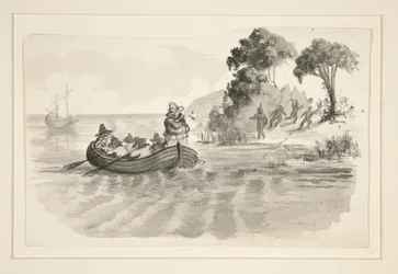 Mænd i robåd, der flygter fra indianere på land - uidentificeret illustration (Columbus opdager den nye verden?) - opdagelsesrejsende lander i den nye verden