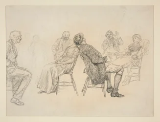 Skitse af et par, der spiller et spil, omgivet af tilskuere, i et interiør (?) - uidentificeret illustration