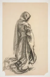 Skitse af en knælende kvindefigur i pink kjole til Galahad the Deliverer, et af de hellige gral-vægmalerier på Boston Public Library