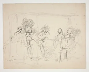 Skitse af figurer rundt om et bord - uidentificeret illustration til et skuespil (?)
