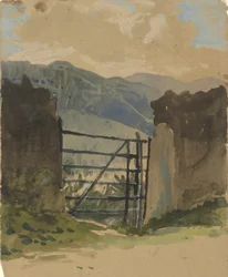 Stenmur og port, skitse