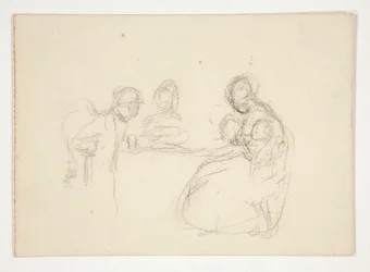 Uidentificeret illustration - Studie af figurer ved et bord. Siddende mand på baksiden.