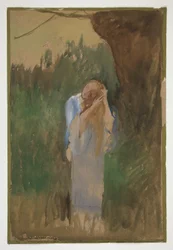 Kvinde i landskab, reder sit lange, blonde hår - (uidentificeret illustration)