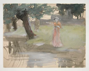 Kvinde stående ved en flodbred - uidentificeret illustration