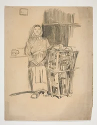 Kvinde med vasketøjskurv(?) - uidentificeret illustration