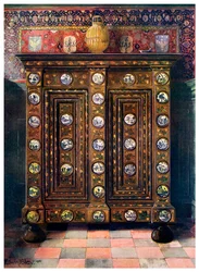 Valnød kas indlagt og med malede medaljoner af Delft ware, 1910.