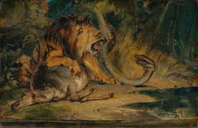 Løve forsvarer sit bytte, ca. 1840.