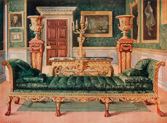 Mahogni og forgyldt georgisk suite i galleriet og den grønne tegnestue på Longford Castle