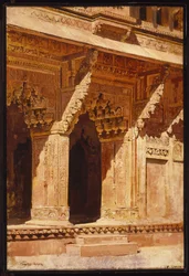 Curiously Wrought Red Sandstone Arches, Fort Agra, Indien, ca. 1885-95