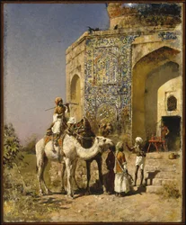Den gamle moské med blå kakler uden for Delhi, Indien