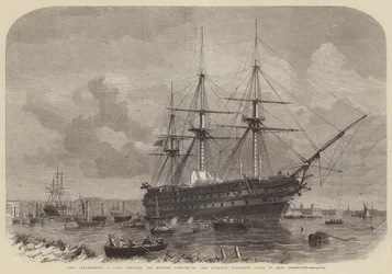 HMS Agamemnon, 91 kanoner, sender den engelske del af det atlantiske ubådskabel ved East Greenwich