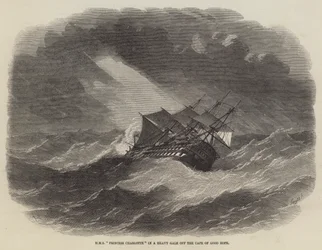 HMS Prinsesse Charlotte i en kraftig kuling ud for Kap det Gode Håb