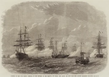 Åbning af Suez-kanalen, ankomst af franskmændenes kejserinde om bord på Aigle, ved Port Said, den britiske eskadrille hilser