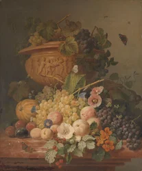 Stilleben med blomster og frugt
