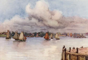 Rhinen: Både på Maas (farvelitografi)