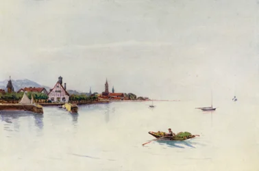 Rhinen: Bregenz, Boden See, Konstanz-søen (farvelitografi)