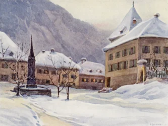 Rhinen: Chur, Coire, domkirkepladsen (farvelitografi)