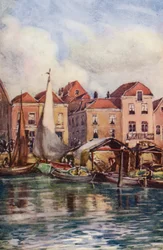 Rhinen: Dordrecht, Fiskemarkedet (farvelitografi)