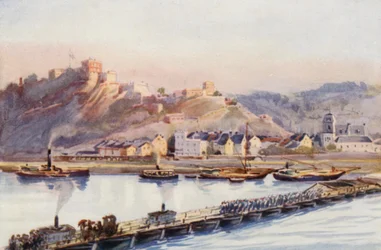 Rhinen: Ehrenbreitstein, bådenes bro (farvelitografi)