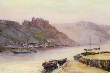 Rhinen: Rheinfels og St Goar (farvelitografi)