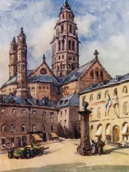 Rhinen: Katedralen, Mainz, Mayence (farvelitografi)