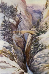 Rhinen: Slugten ved Via Mala (farvelitografi)