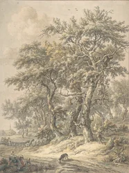 Kvinde og barn siddende ved siden af en vej, 1760-1818.