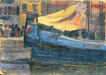 Forankrede både med husmur i baggrunden, 1908