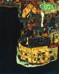 City on the Blue River II ... (olie og gouache på træ)