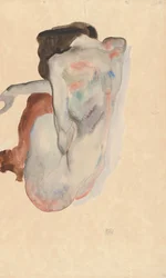 Huksiddende nøgen med sko og sorte strømper, set bagfra, 1912