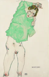 Devant le miroir - Before the Mirror af Schiele, Egon (1890-1918). Blyant, Gouache på papir, størrelse: 48,3x32,1