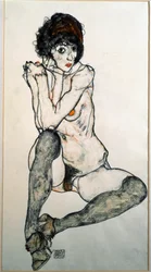 Siddende kvindelig nøgenmodel, akvareltegnning af Egon Schiele (1890-1918), 1914, mål 48,3 x 32 cm, Wien, Graphische Sammlung Albertina