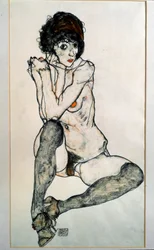 Siddende kvindelig nøgenmodel. Tegning af Egon Schiele
