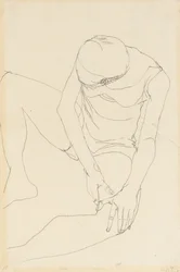 Kvindelig nøgenmodel bøjet forover, begge hænder på venstre lår, 1913