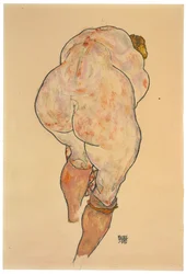 Kvindelig nøgenfigur, der trækker strømperne op, set bagfra, 1918