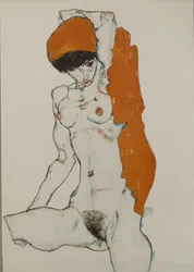 Kvindelig nøgenfigur med orange-rødt klæde, 1914